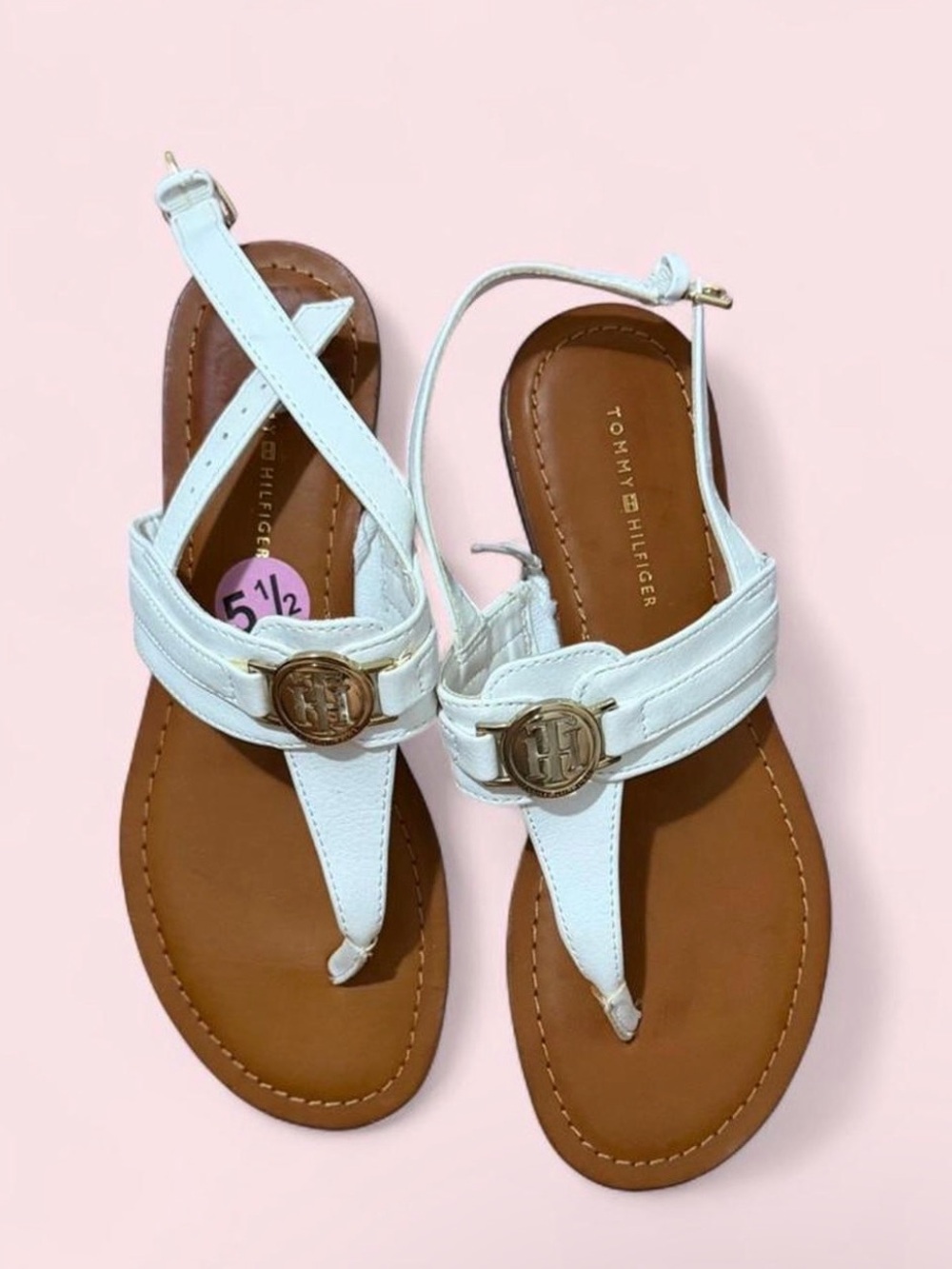 Tommy Hilfiger White Leather T-Strap Sandals with Gold Logo